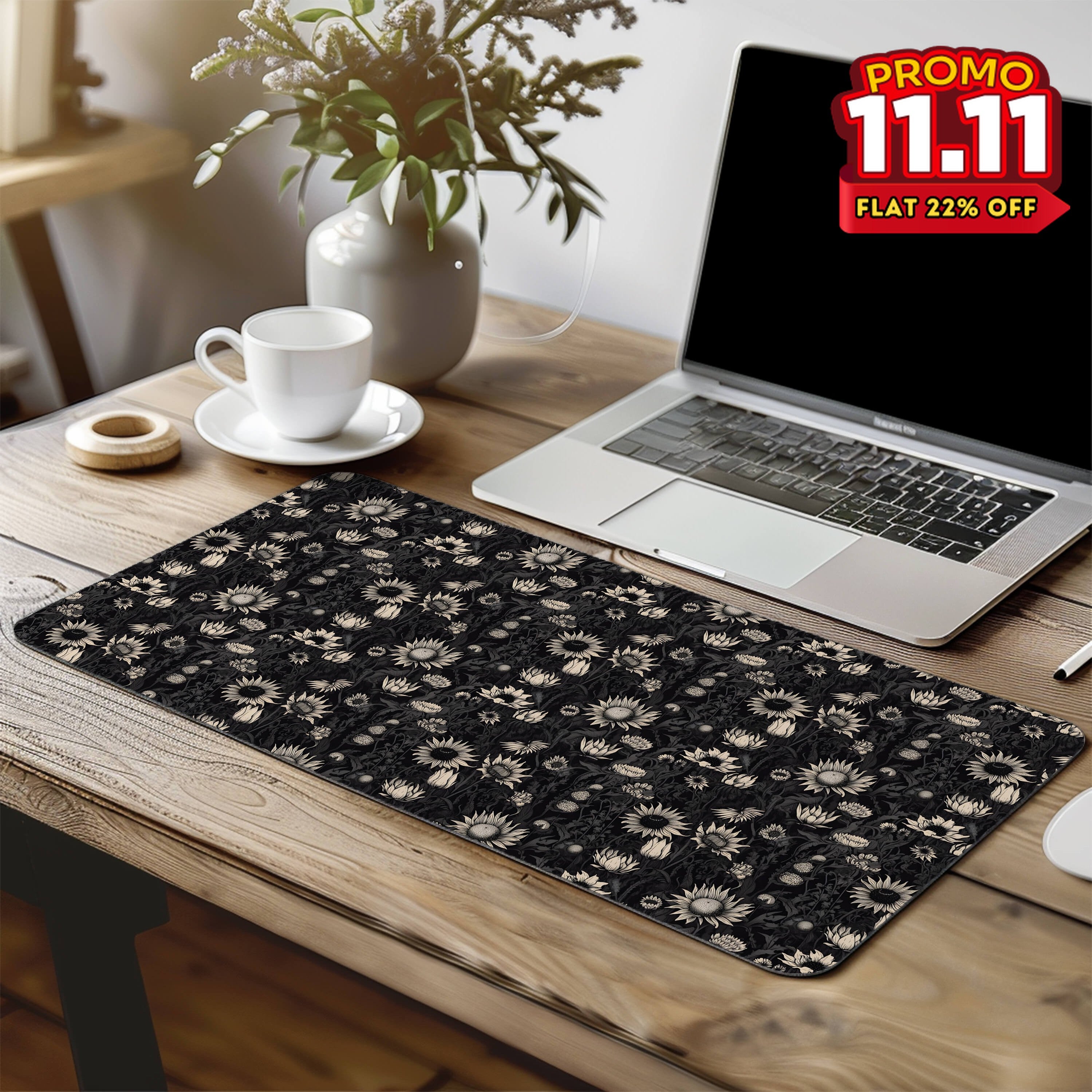 Printed Desk Mat - Black Sun Flowers-DIVERSITY