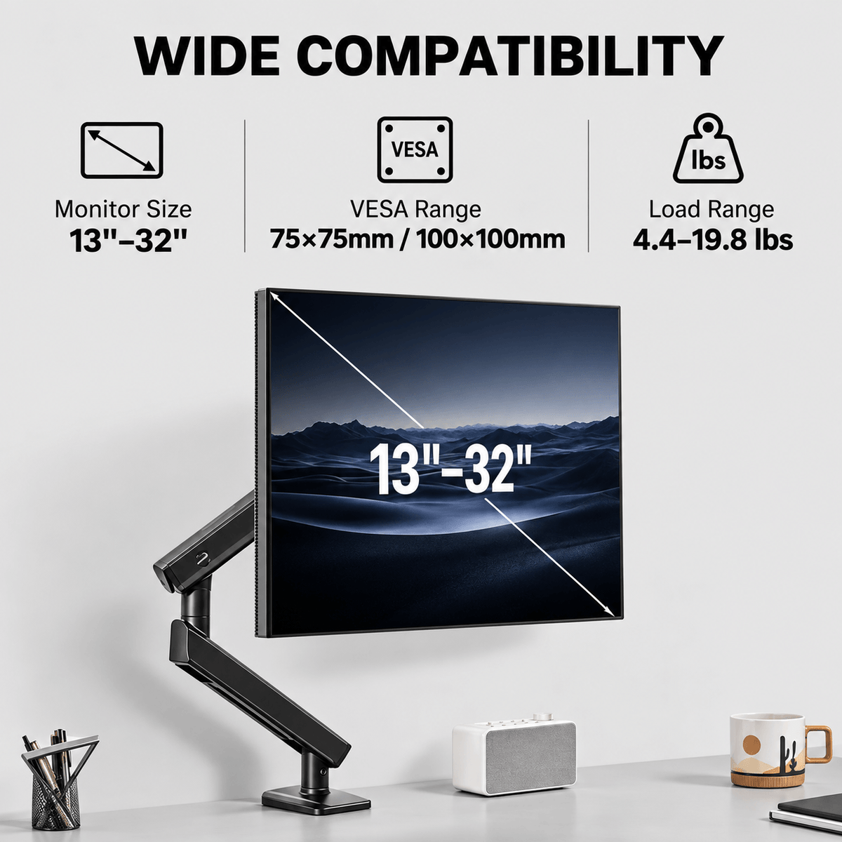 HUANUO FlowLift Single Monitor Arm for 13 to 32 Inch Screens