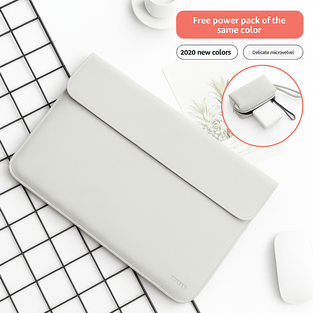 Premium Velvet Laptop Sleeve With Power Pouch - Light Grey