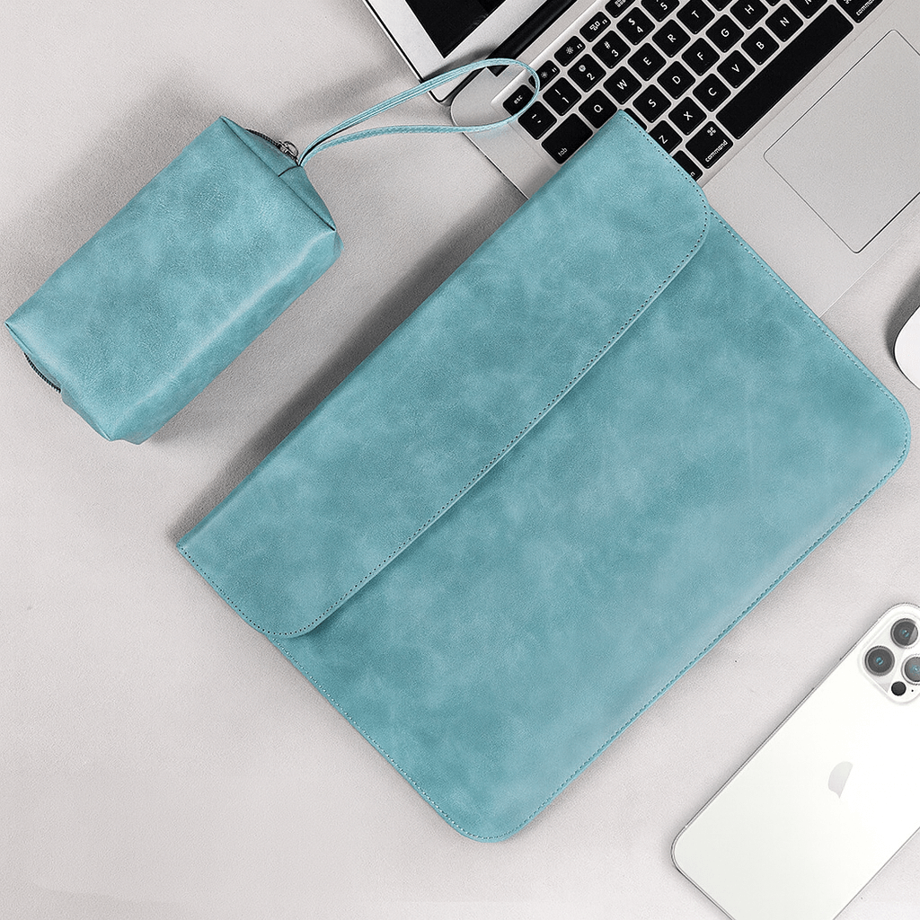 PU Leather Laptop Sleeve With Power Pouch - Sky Blue