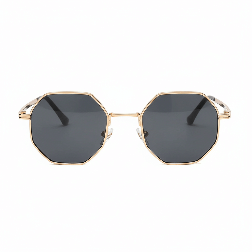 Octagonal Metal Frame Sunglasses - Golden Black