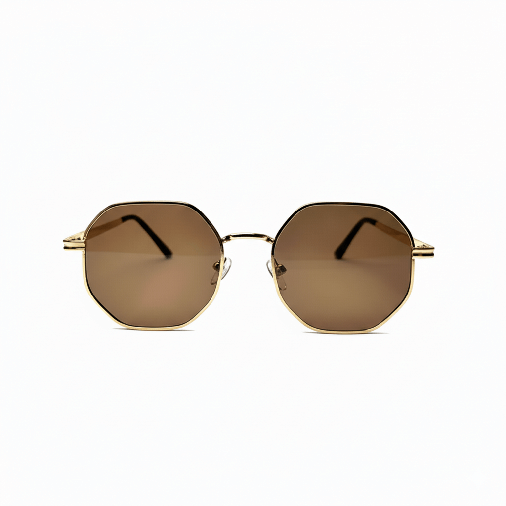 Octagonal Metal Frame Sunglasses - Golden Brown