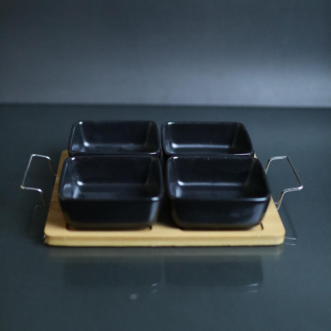 Multifunction Ceramic Serving Platter With Wooden Tray - Black