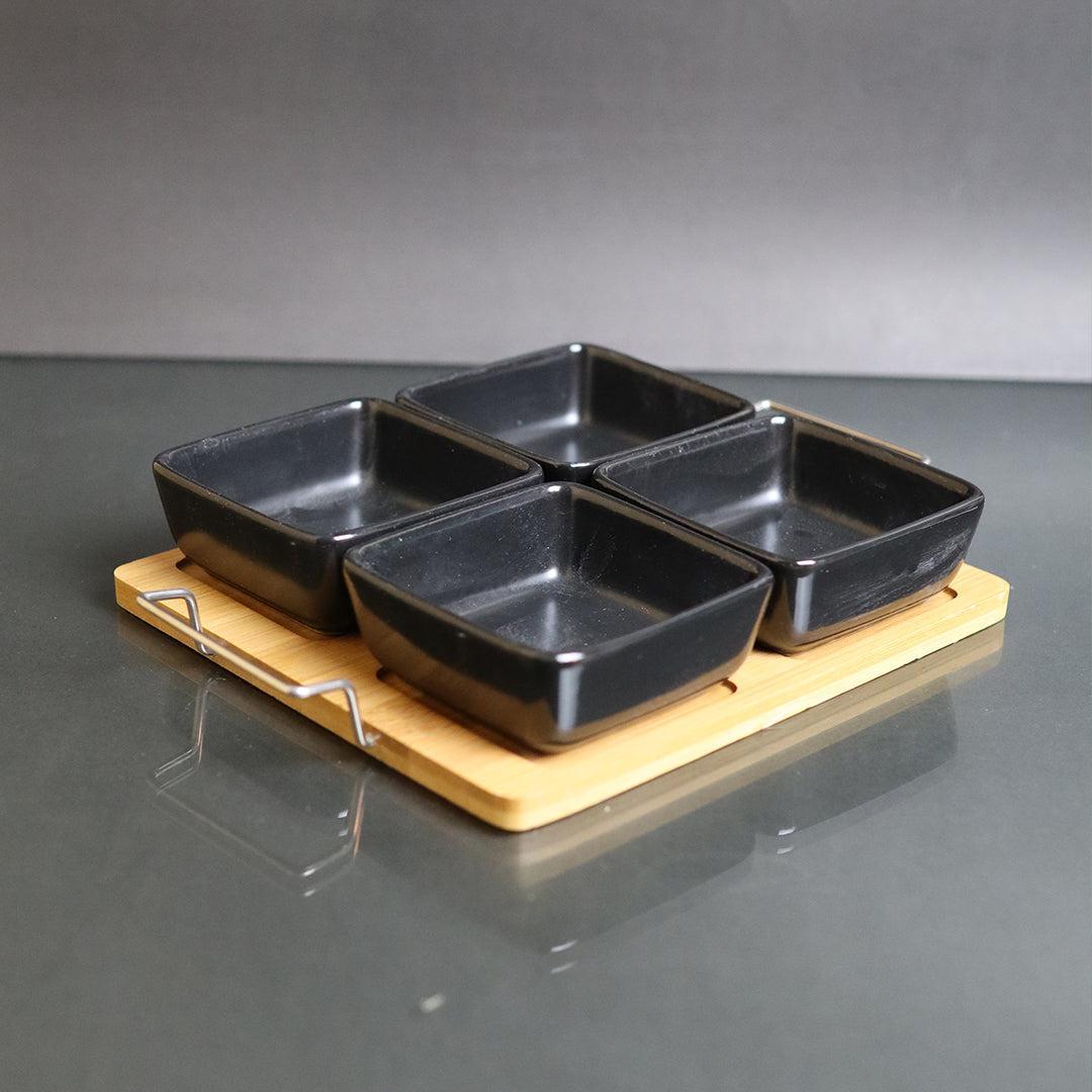 Multifunction Ceramic Serving Platter With Wooden Tray - Black