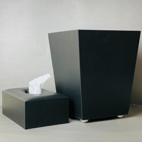 Leather Dustbin & Tissue Box Set -  Plain Black