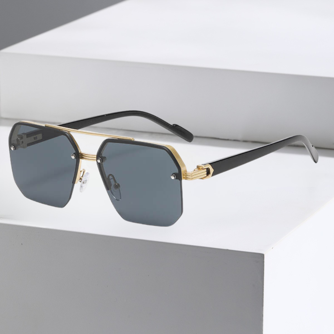 Octagon Rimless Sunglasses - Gold Frame Black Grey Lens