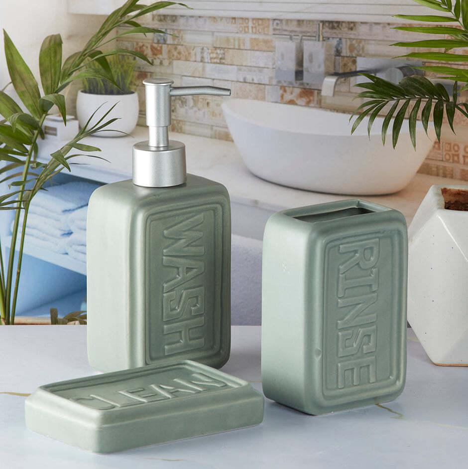 Ceramic Bathroom Set - Engraved - Olive Green