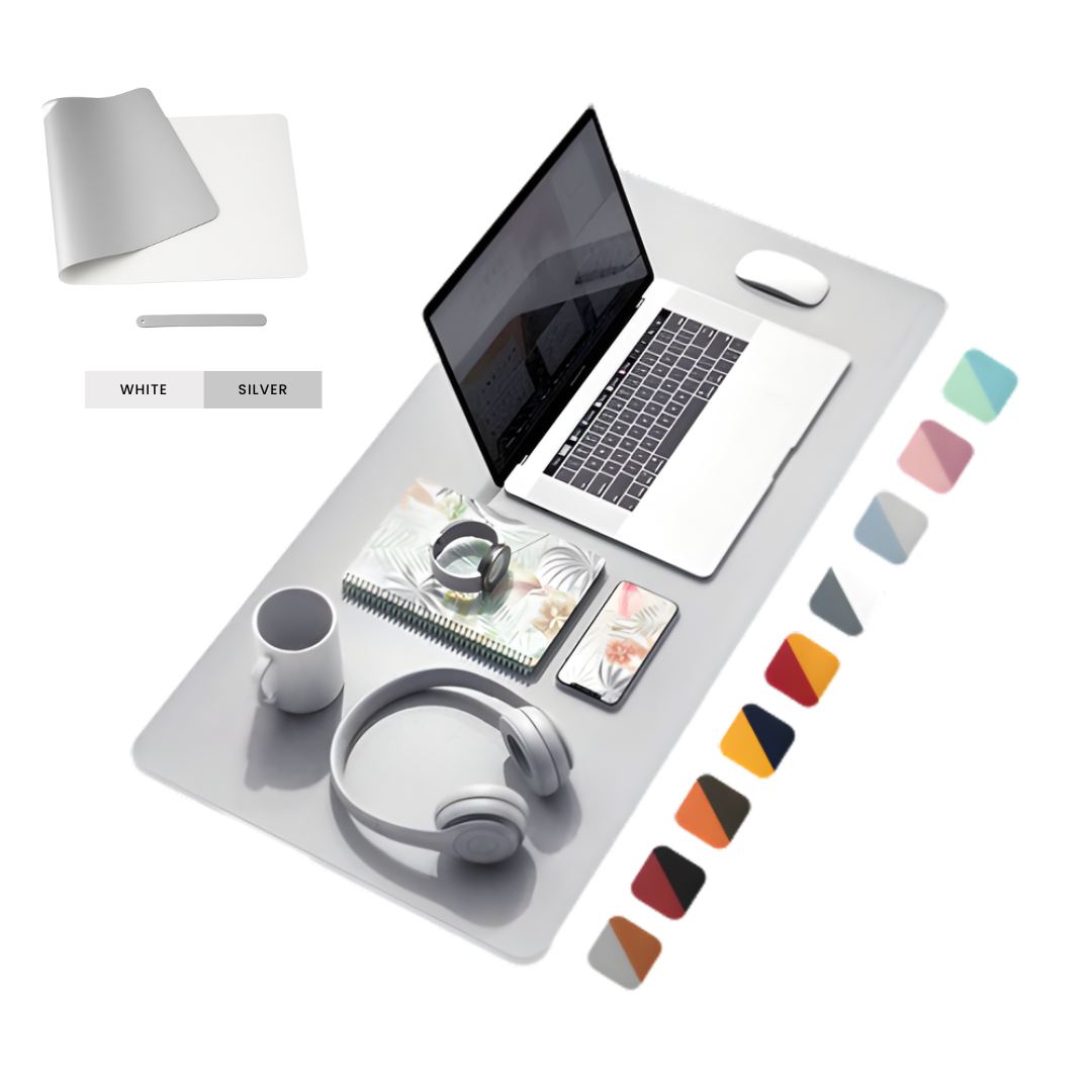Double Sided Leather Desk Mat - WHITE + SILVER