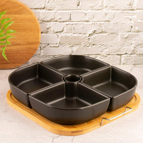 Large Ceramic Snack Platter With Wooden Tray - Black