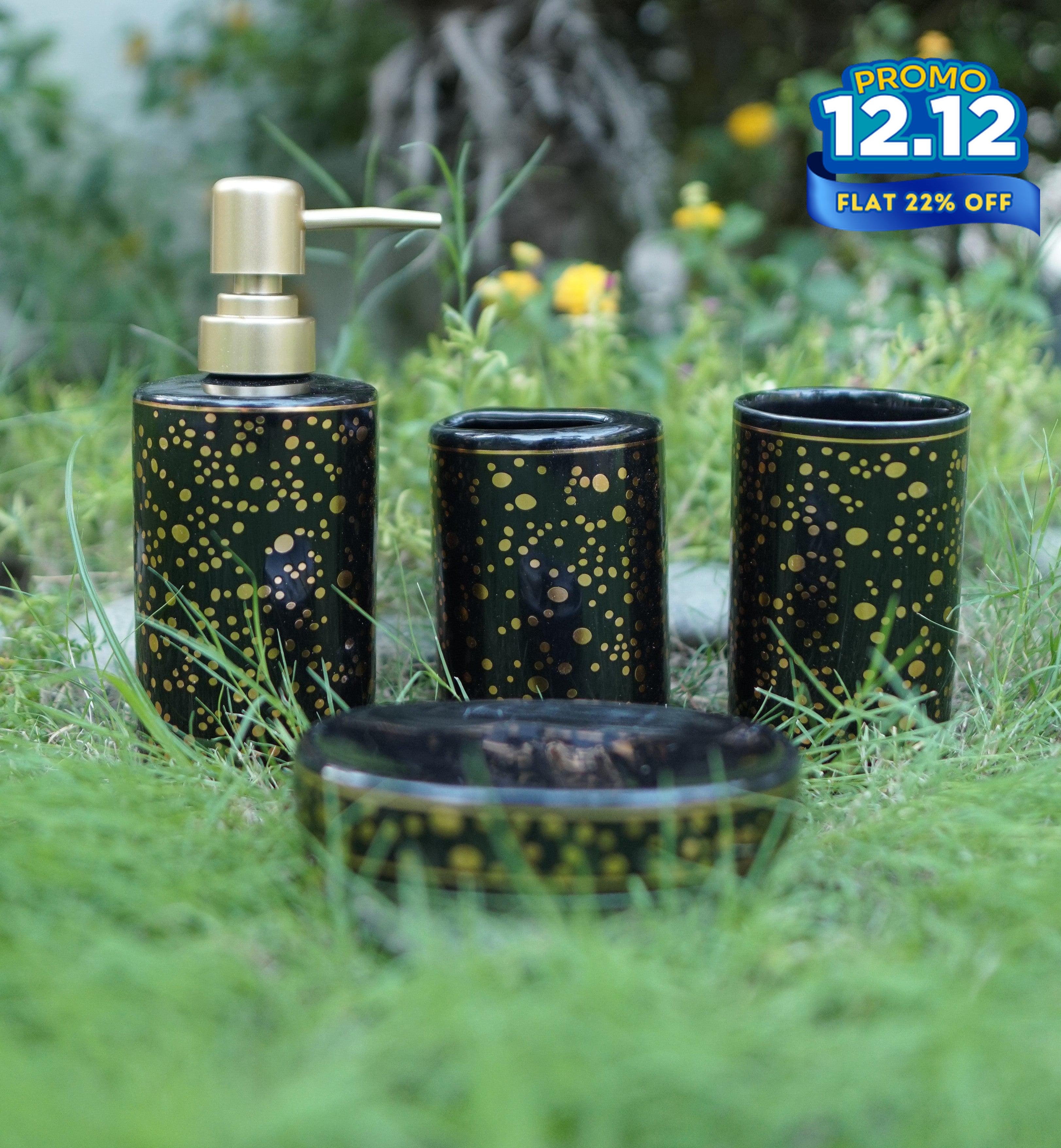 Ceramic Bathroom Set - Gold Dotted - Black-DIVERSITY