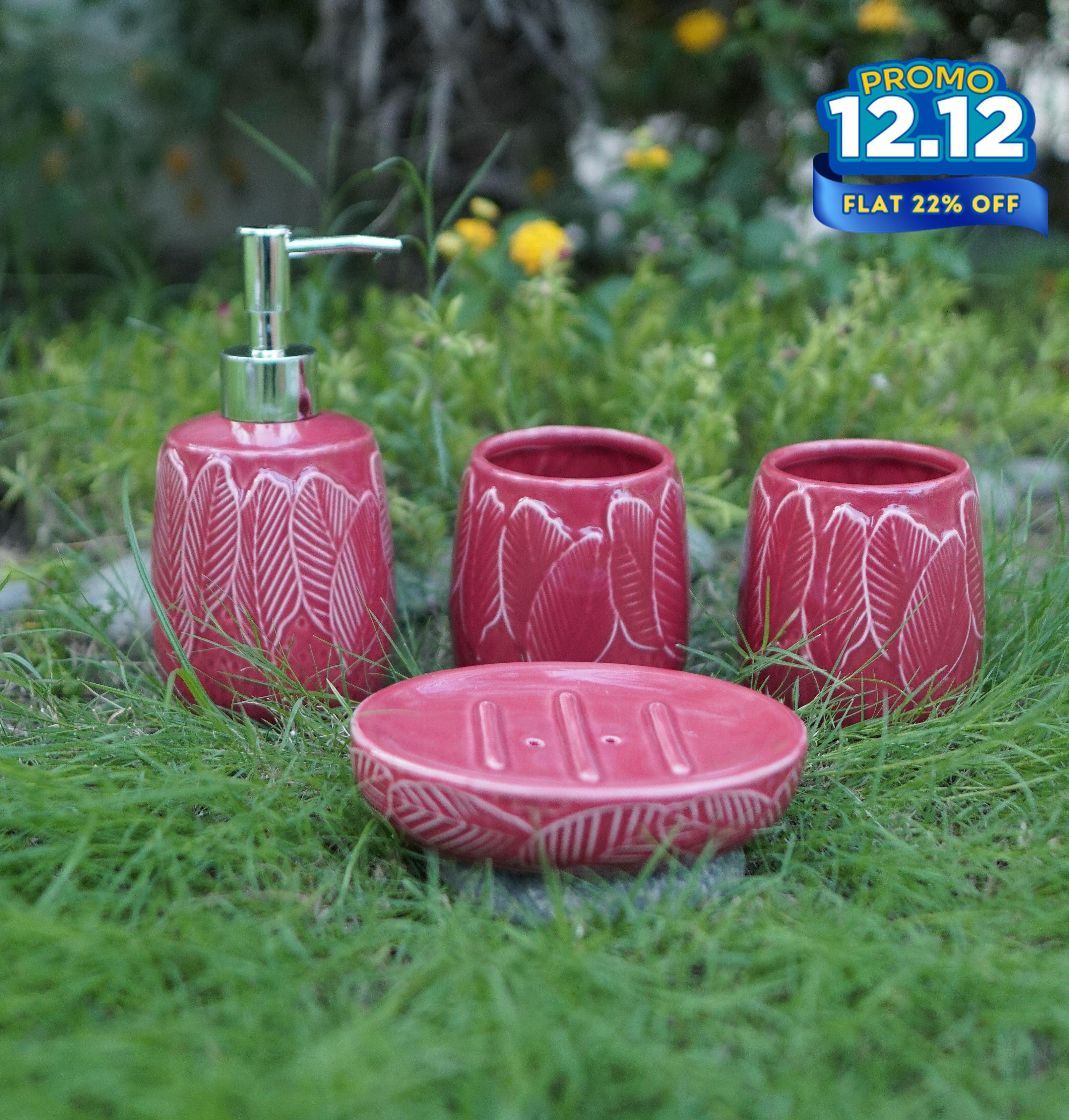 Leaf Ceramic Bathroom Set - Cherry Red-DIVERSITY