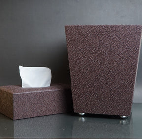 Leather Dustbin & Tissue Box Set - Brown Vines