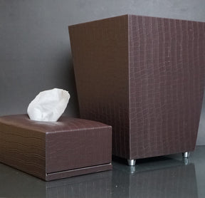 Leather Dustbin & Tissue Box Set - Textured - Brown