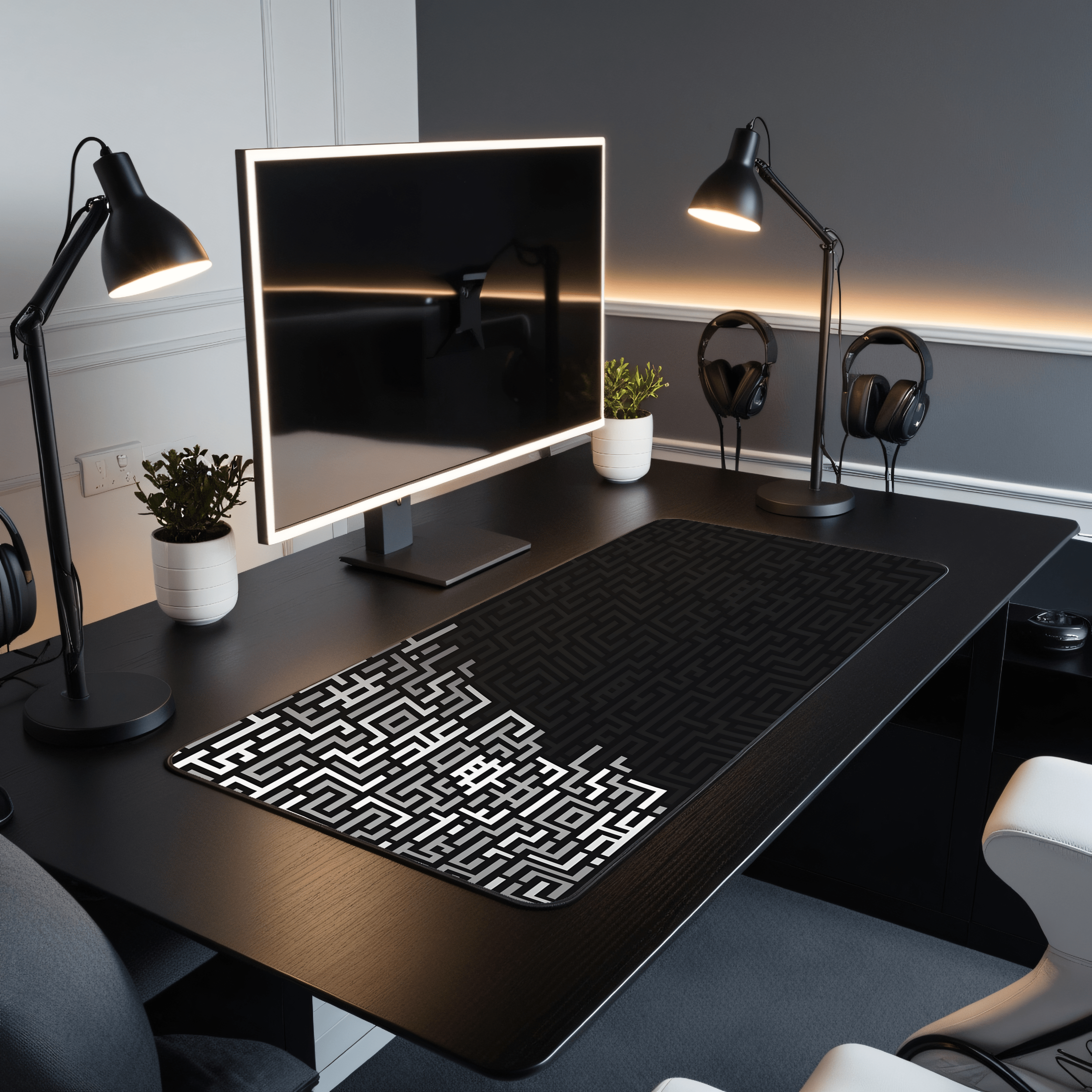 Printed Leather Desk Mat - Maze White
