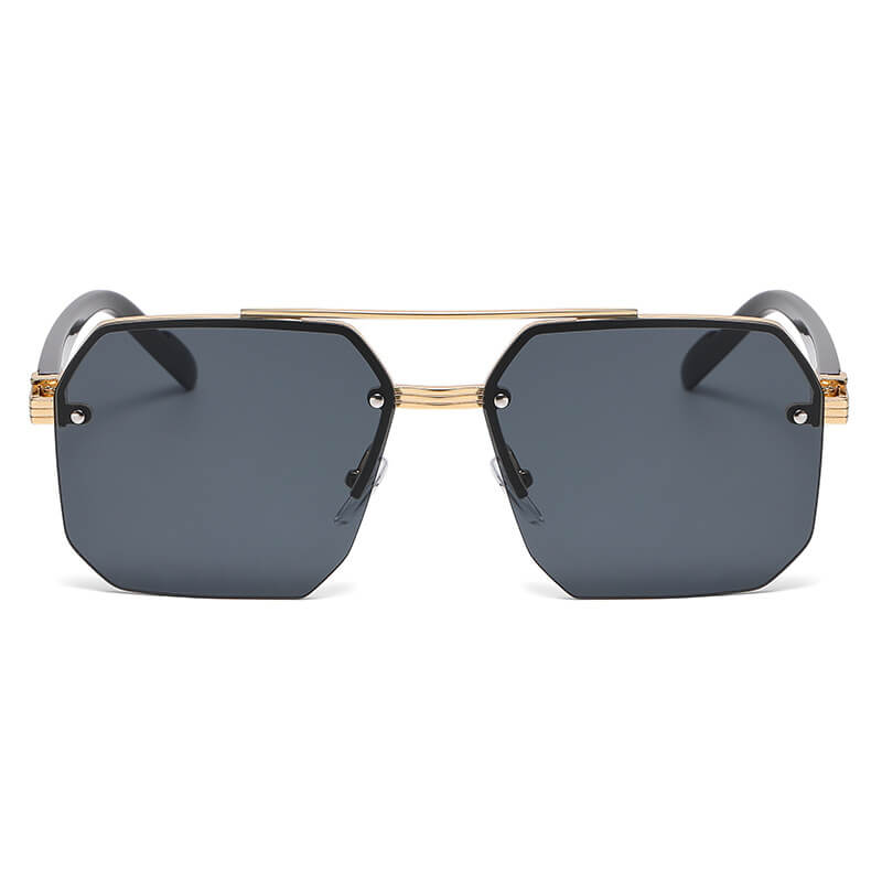 Octagon Rimless Sunglasses - Gold Frame Black Grey Lens