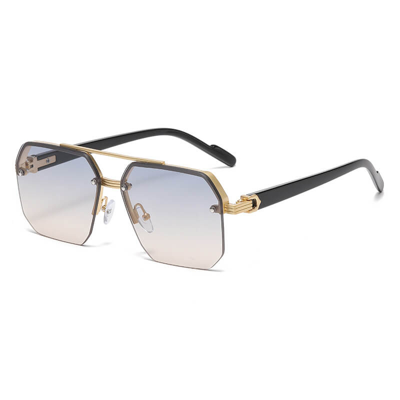 Octagon Rimless Sunglasses - Gold Frame Transparent Blue Lens