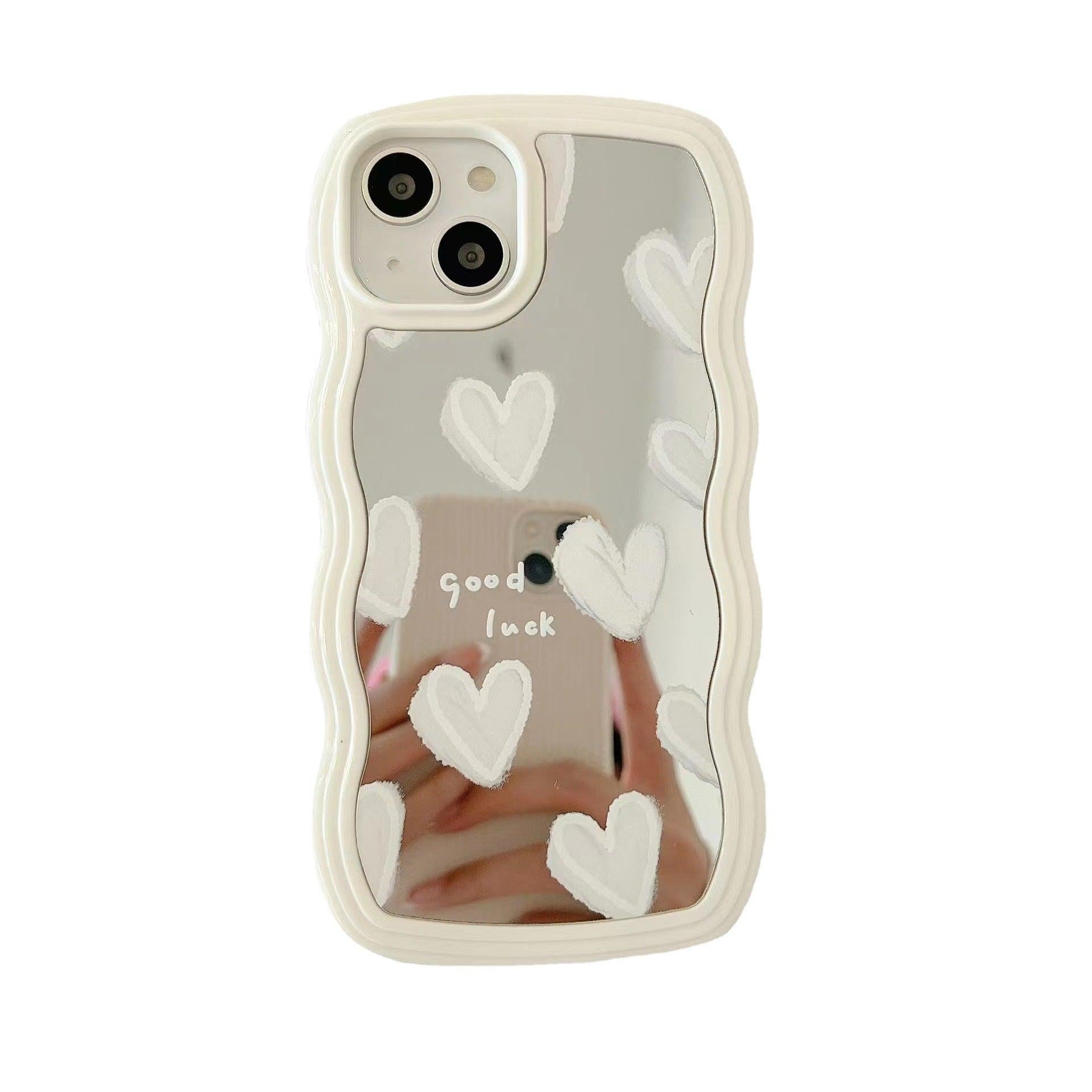 Wavy Edge White Heart Mirror iPhone Case With Lanyard
