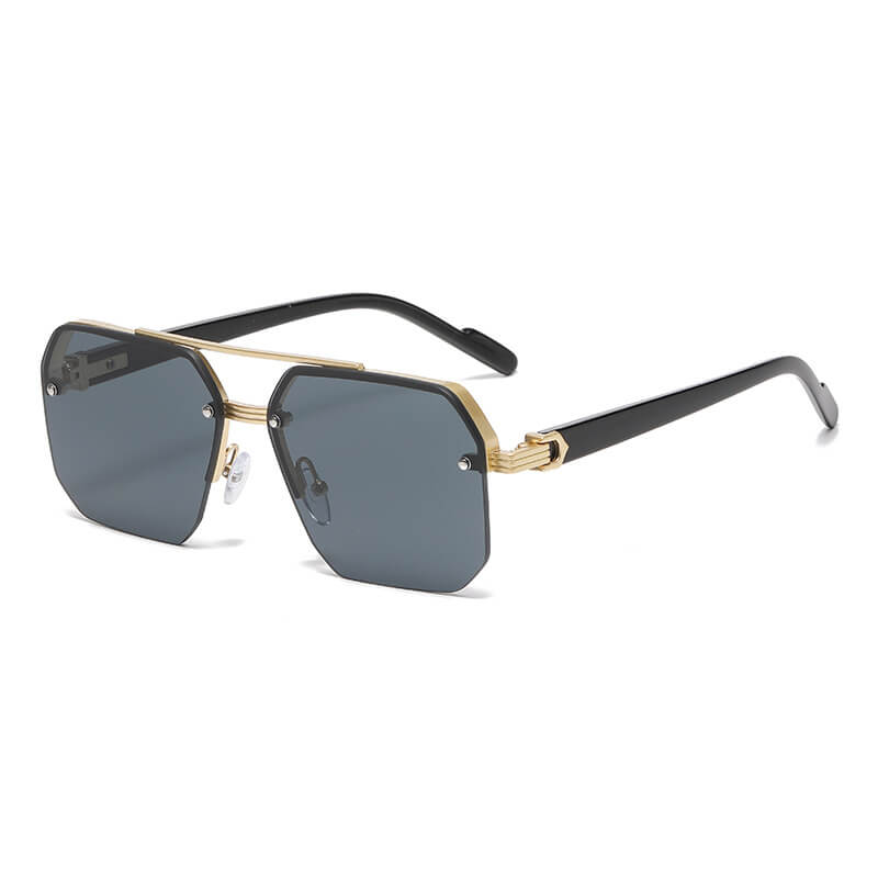 Octagon Rimless Sunglasses - Gold Frame Black Grey Lens