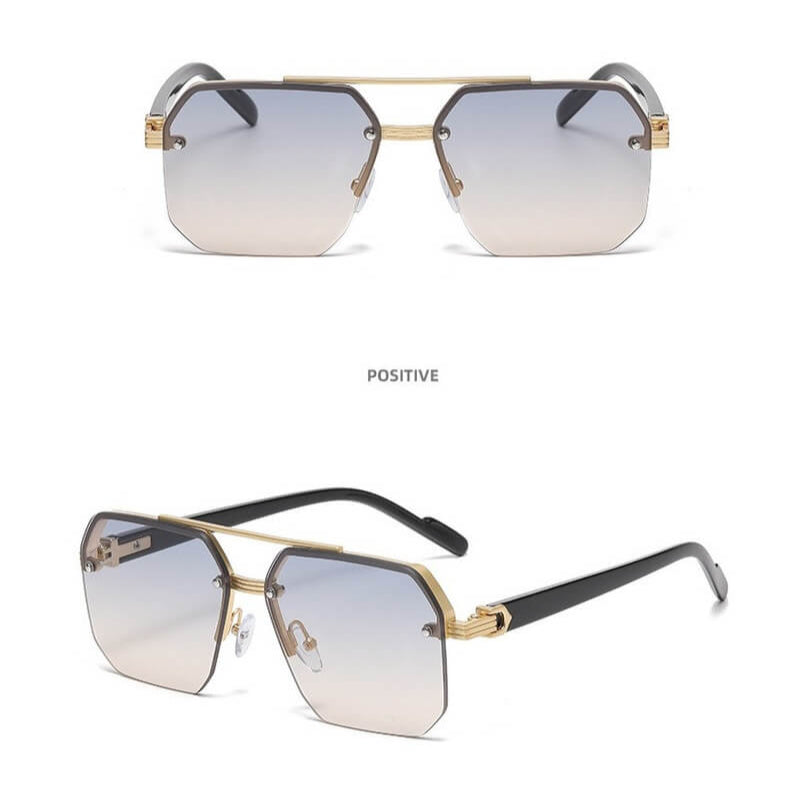 Octagon Rimless Sunglasses - Gold Frame Transparent Blue Lens