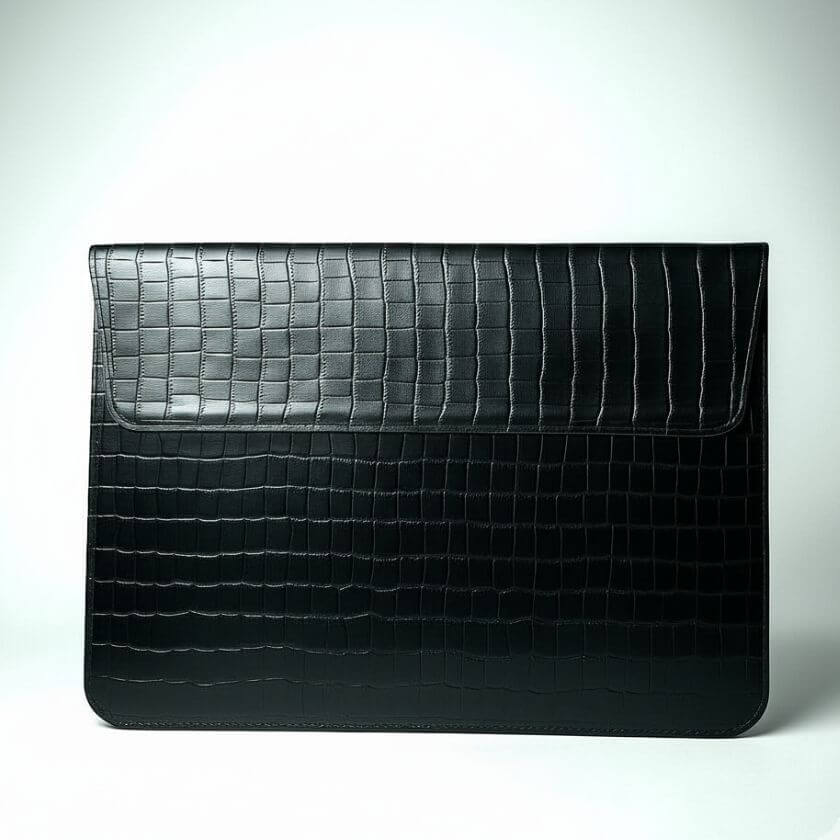 Croc Textured Leather Laptop Sleeve With Power Pouch