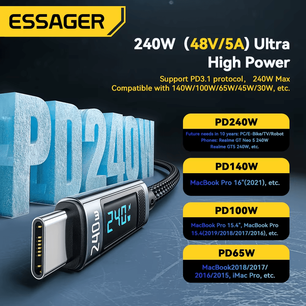 Essager 240W USB-C to USB-C Cable with Digital Display