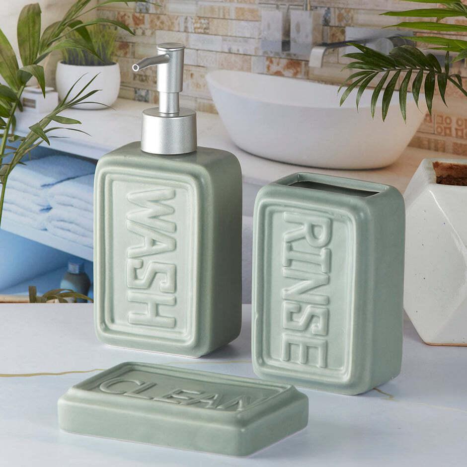 Ceramic Bathroom Set - Engraved - Olive Green