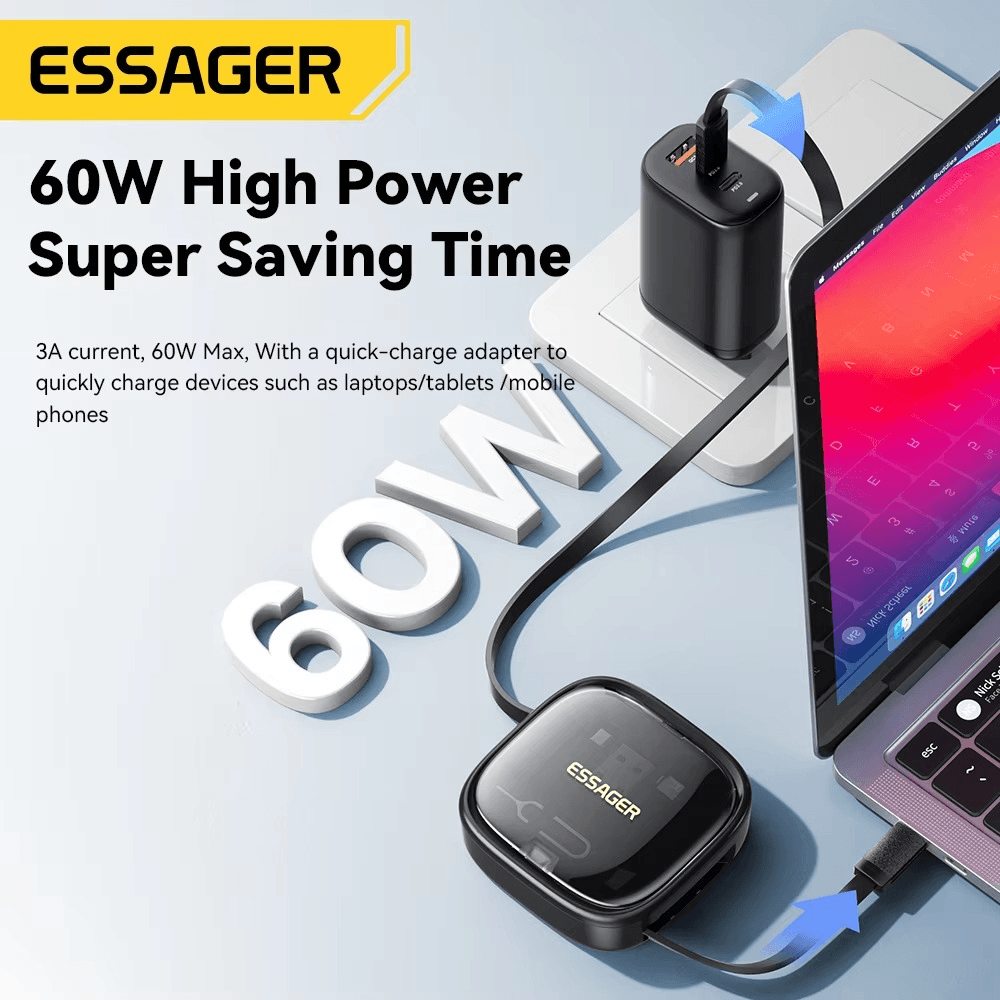 Essager 60W Retractable USB-C Cable & Multi-Adapter Kit with Storage Box