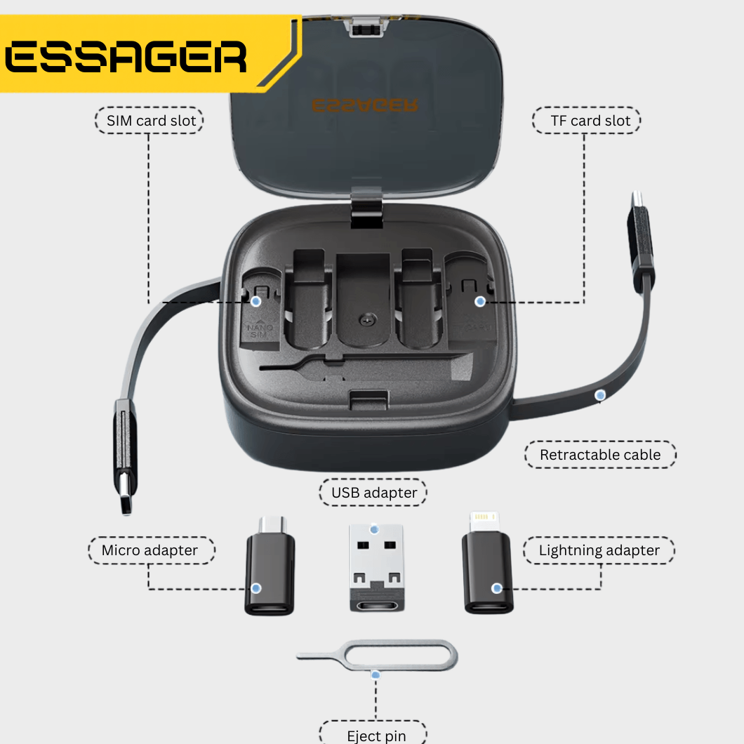 Essager 60W Retractable USB-C Cable & Multi-Adapter Kit with Storage Box