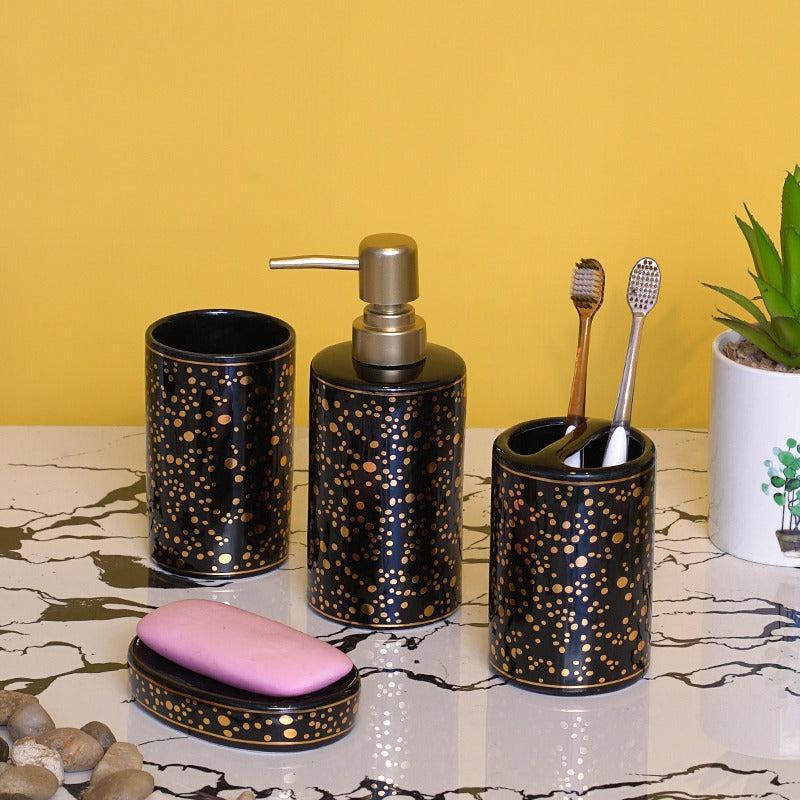 Ceramic Bathroom Set - Gold Dotted - Black