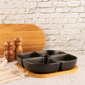 Large Ceramic Snack Platter With Wooden Tray - Black