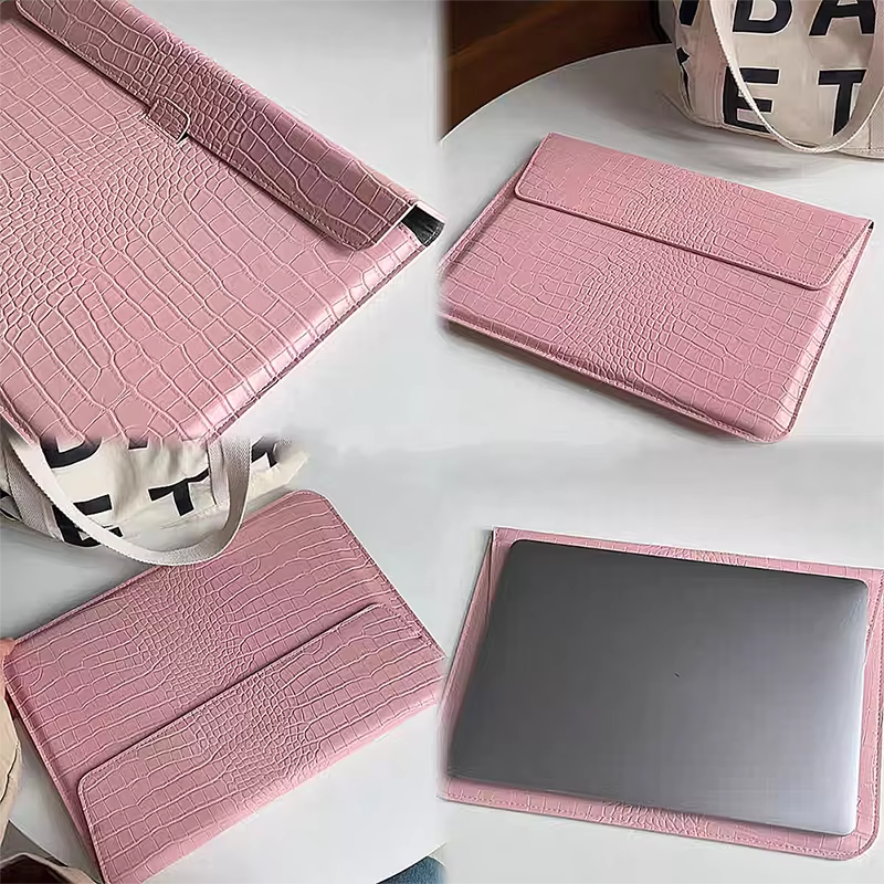 Crocodile Textured Leather Laptop Sleeve - Pink
