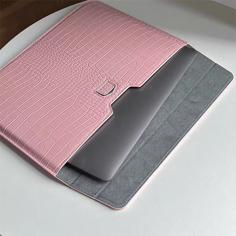 Crocodile Textured Leather Laptop Sleeve - Pink