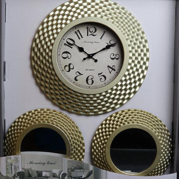 Contemporary Wall Clock & Mirror Set - Wheat Golden