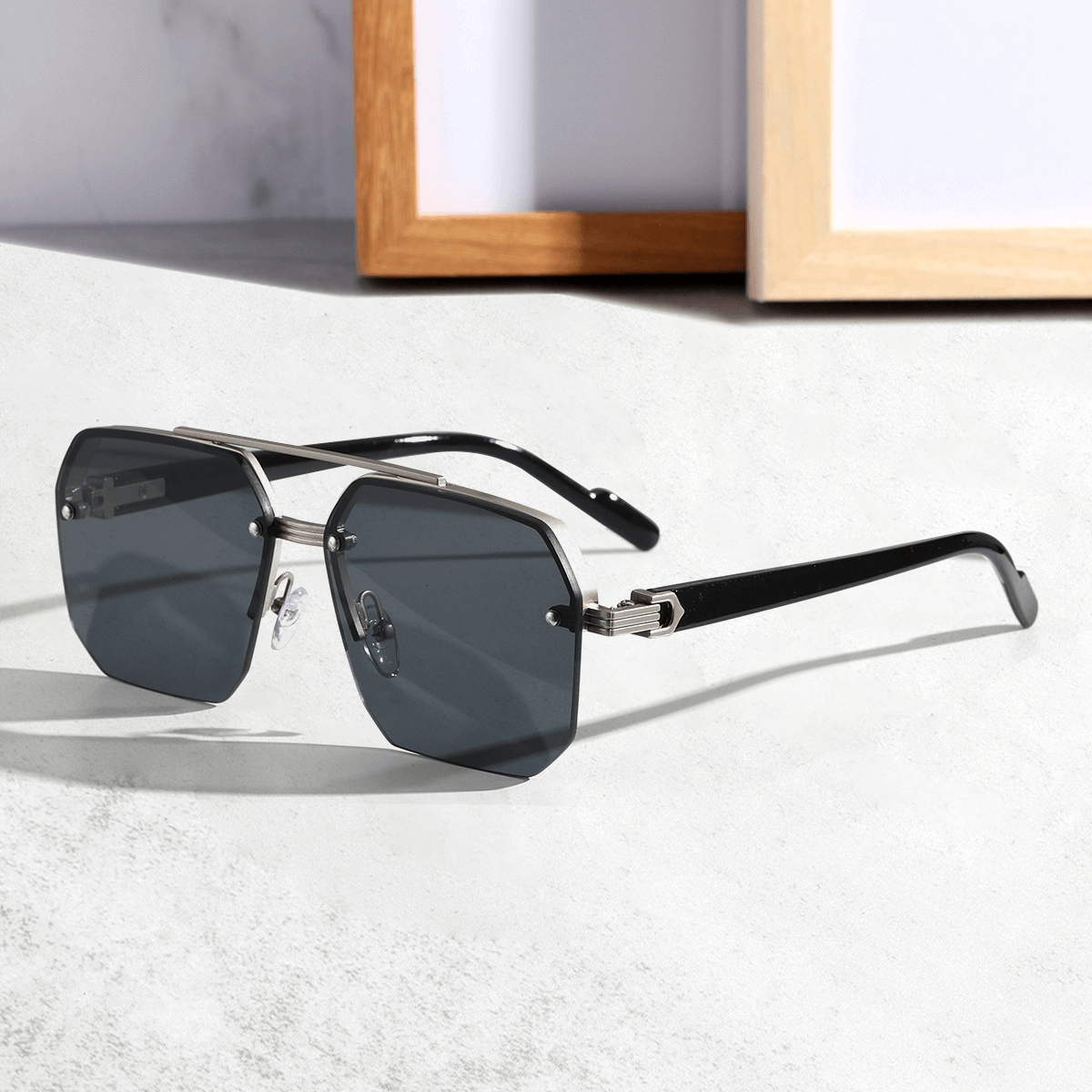 Octagon Rimless Sunglasses - Silver Black