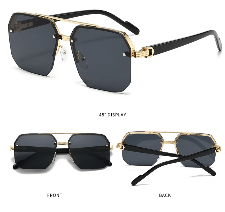 Octagon Rimless Sunglasses - Gold Frame Black Grey Lens