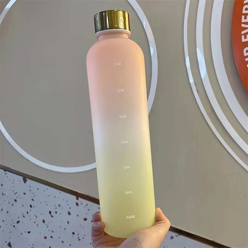 1L Gradient Water Bottle With Time Markers - Pink Yellow