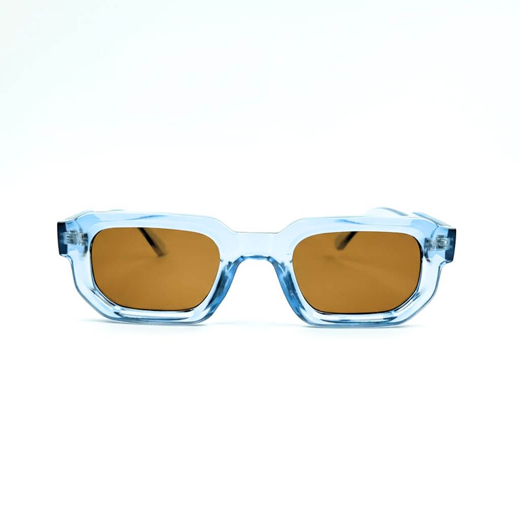 Modern Square Luxe Sunglasses - Transparent Blue Frame Amber Lens