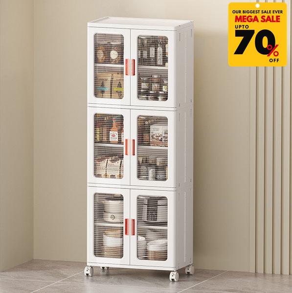 Acrylic 3 Layer Double Door Stackable Storage Cabinet With Wheels