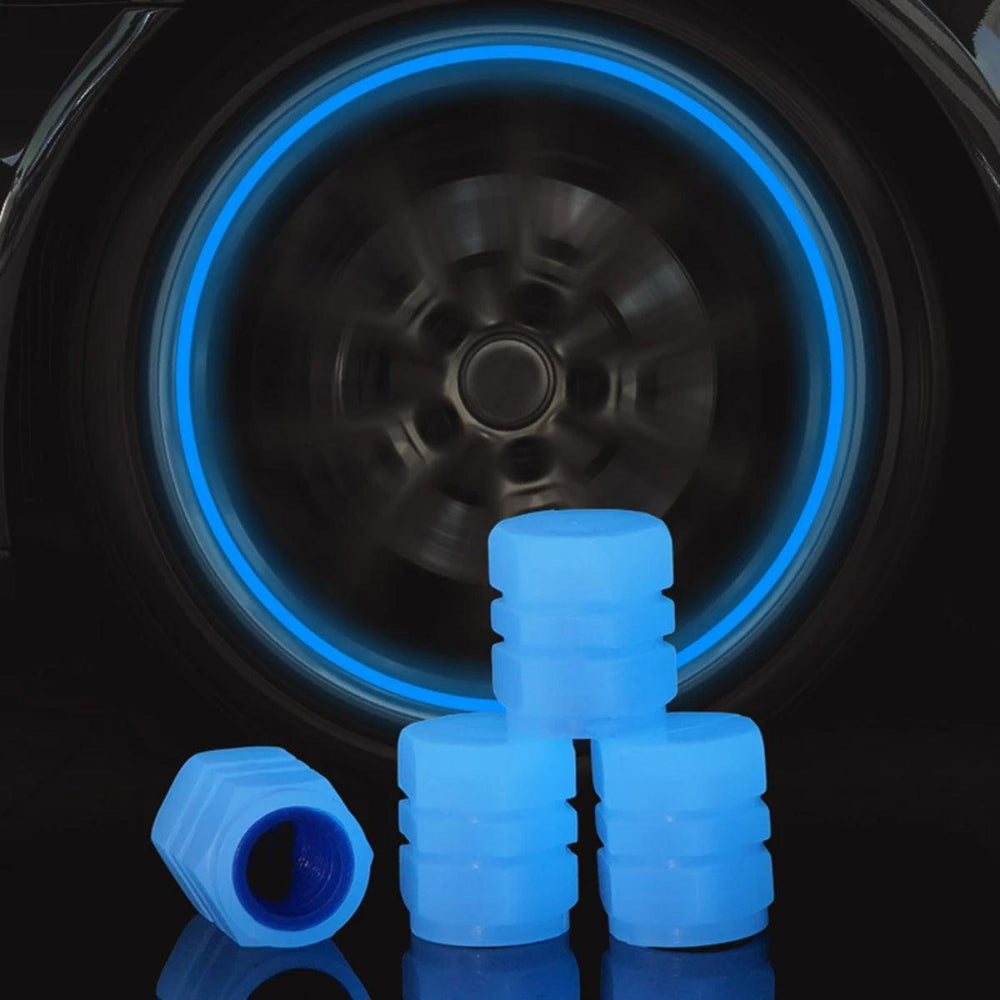 4x Fluorescent Blue Car Tire Valve Caps – Glow In The Dark, Universal Fit